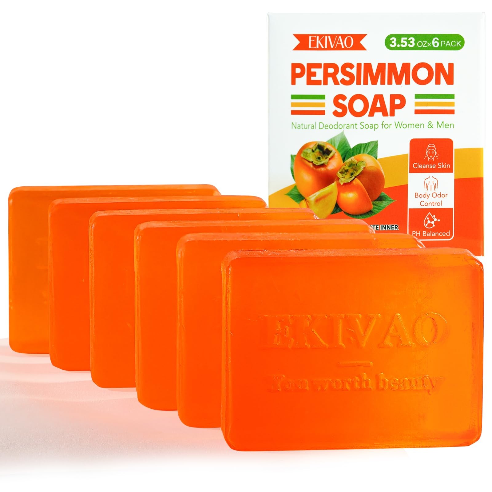 Persimmon Soap Bar 6 Pack Natural Deodorant Body Odor Control Eliminates Strong