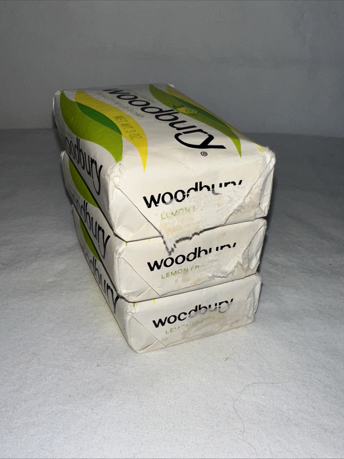 NOS 3 Bars Woodbury Beauty Soap Lemon Green White 3 oz Jergens 1960s Movie Prop