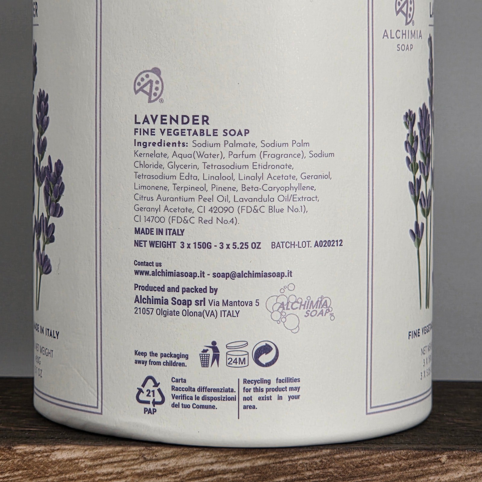 Alchimia Soap Lavender Fine Vegetable Soap Unisex 15.7oz Italy Floral Spa Luxe