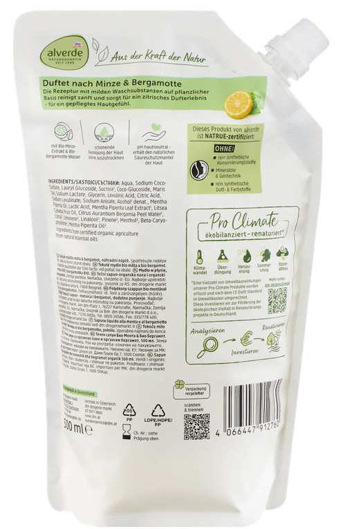 10 x 500ml Alverde NATURKOSMETIK Liquid soap mint, bergamot refill pack