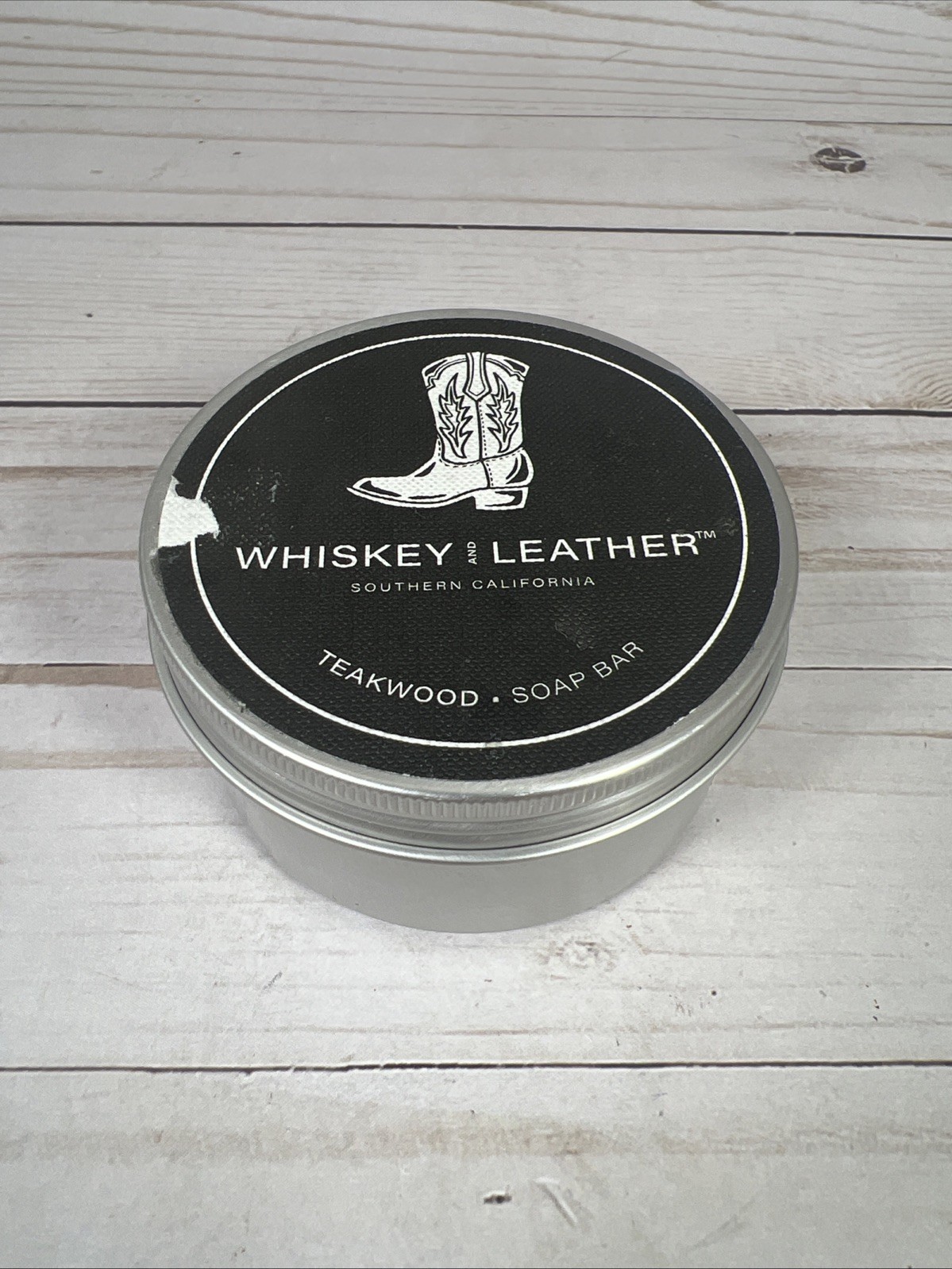 Sand & Fog Whiskey and Leather Teakwood Soap Bar Round Metal Tin 7oz