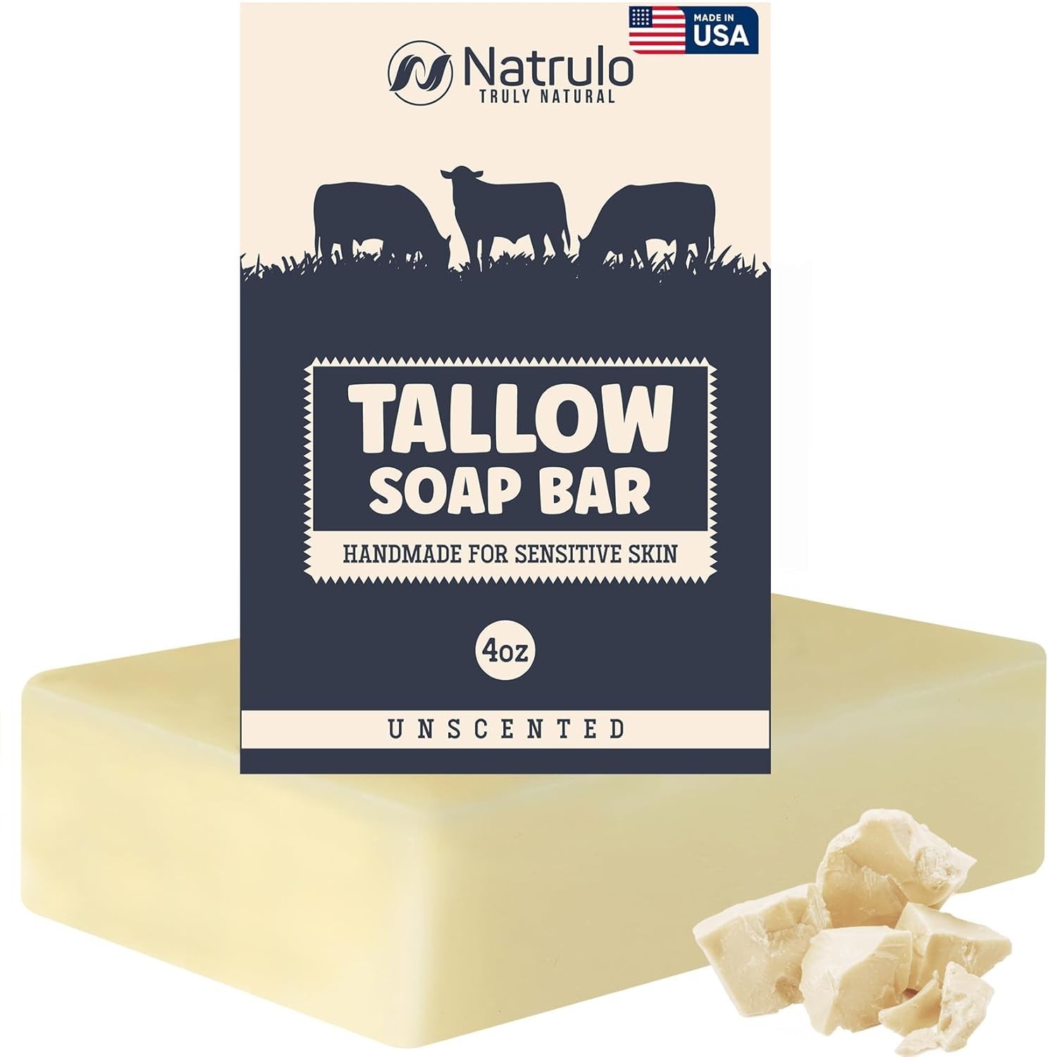 Natrulo Beef Tallow Soap Bar Grass Fed Unscented Face Body Wash 4oz Made USA