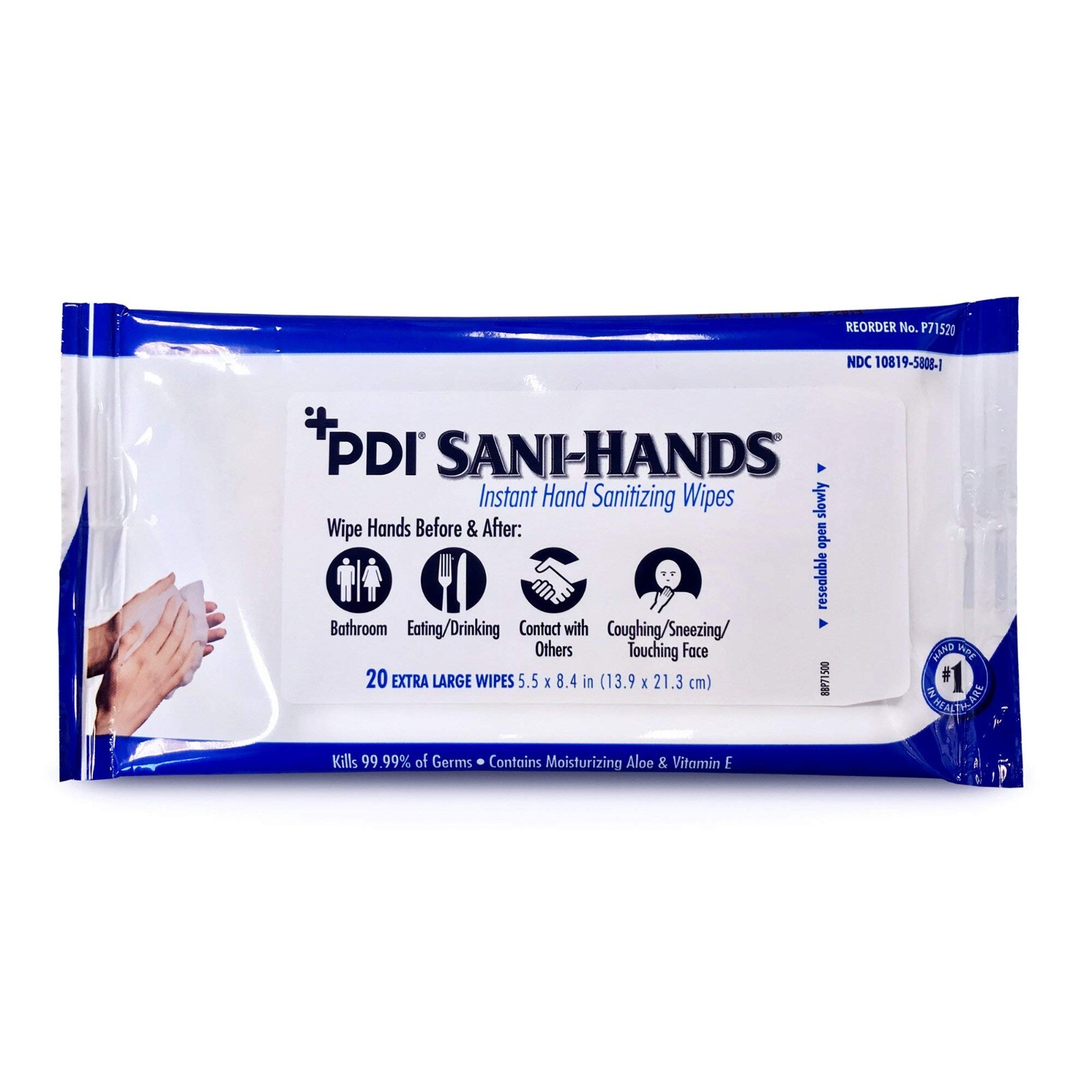 *48-Pack* PDI Sani-Hands 20 Hand Wipes Ethyl Alcohol 5.5″ x 8.4″ P71520