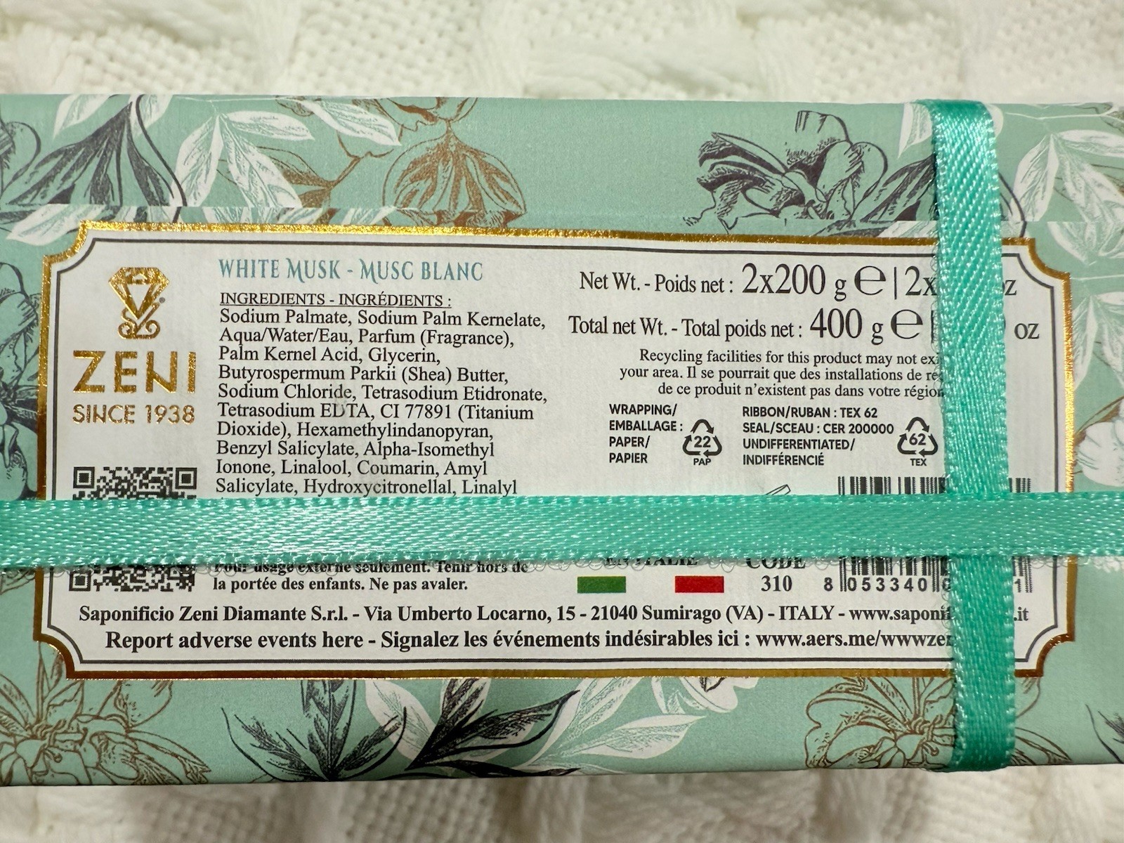 ZENI White Musk -Mucs blanc Fine Triple Milled ITALIAN Soap Bar 2 x 7oz