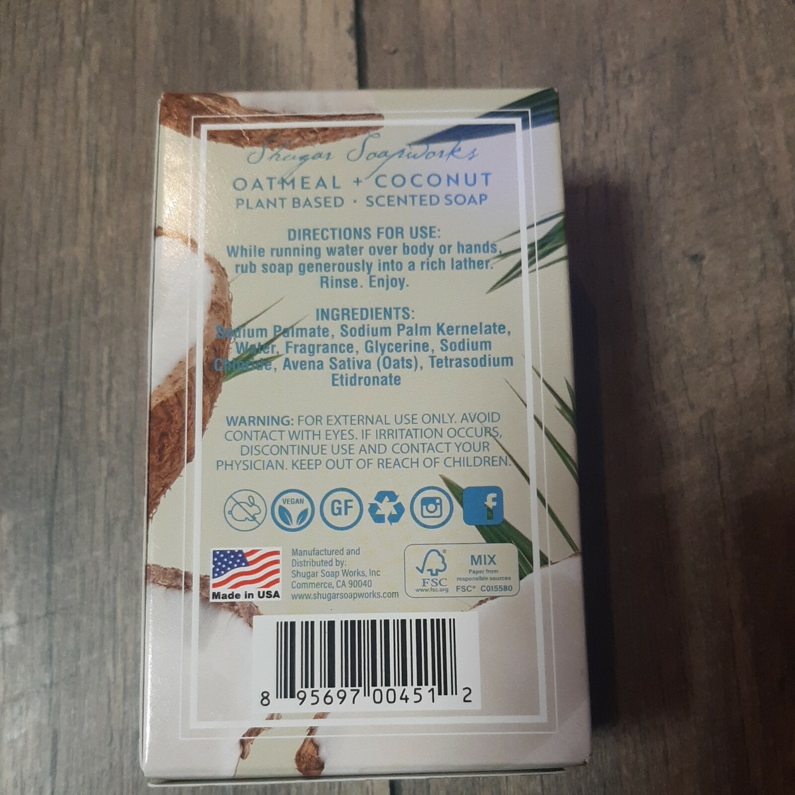 Shugar Soap Works Oatmeal Coconut Plant Based Vegan Scented Soap 6.25oz