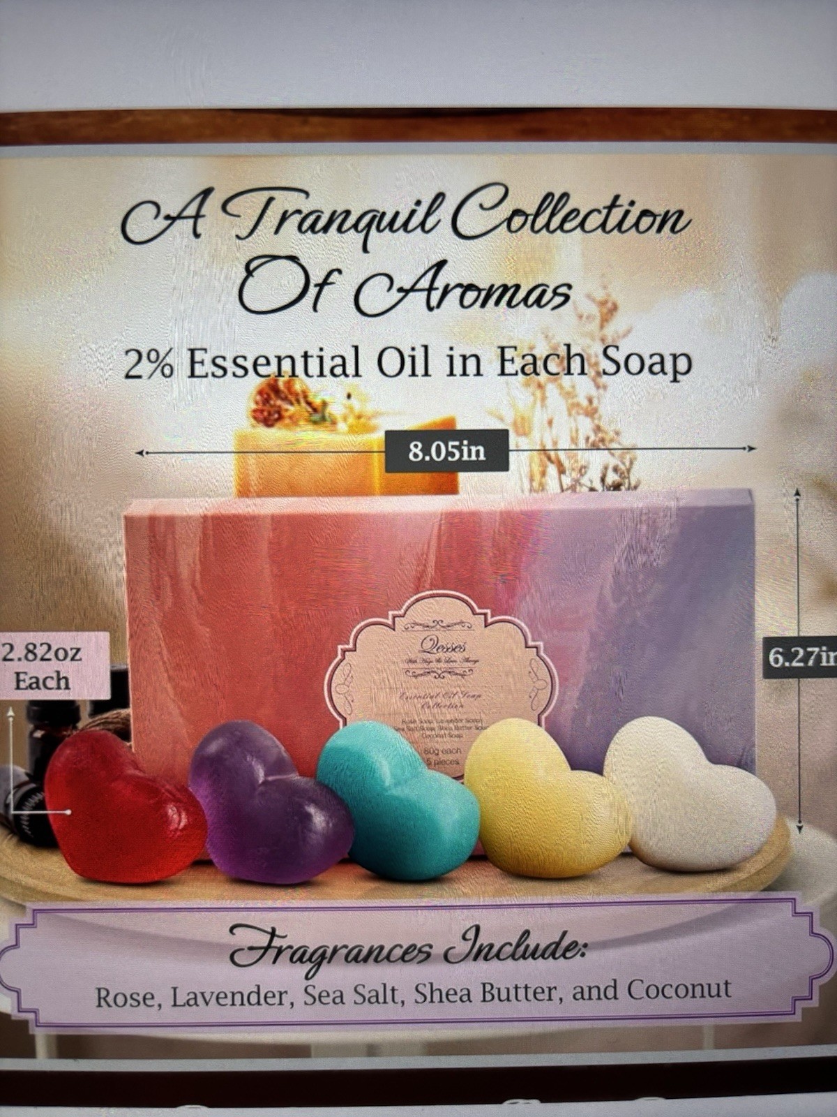 Qesses Essential Oil Soap Collection Handmade Heart Shape Set, 5 Scents, 5 x 80g
