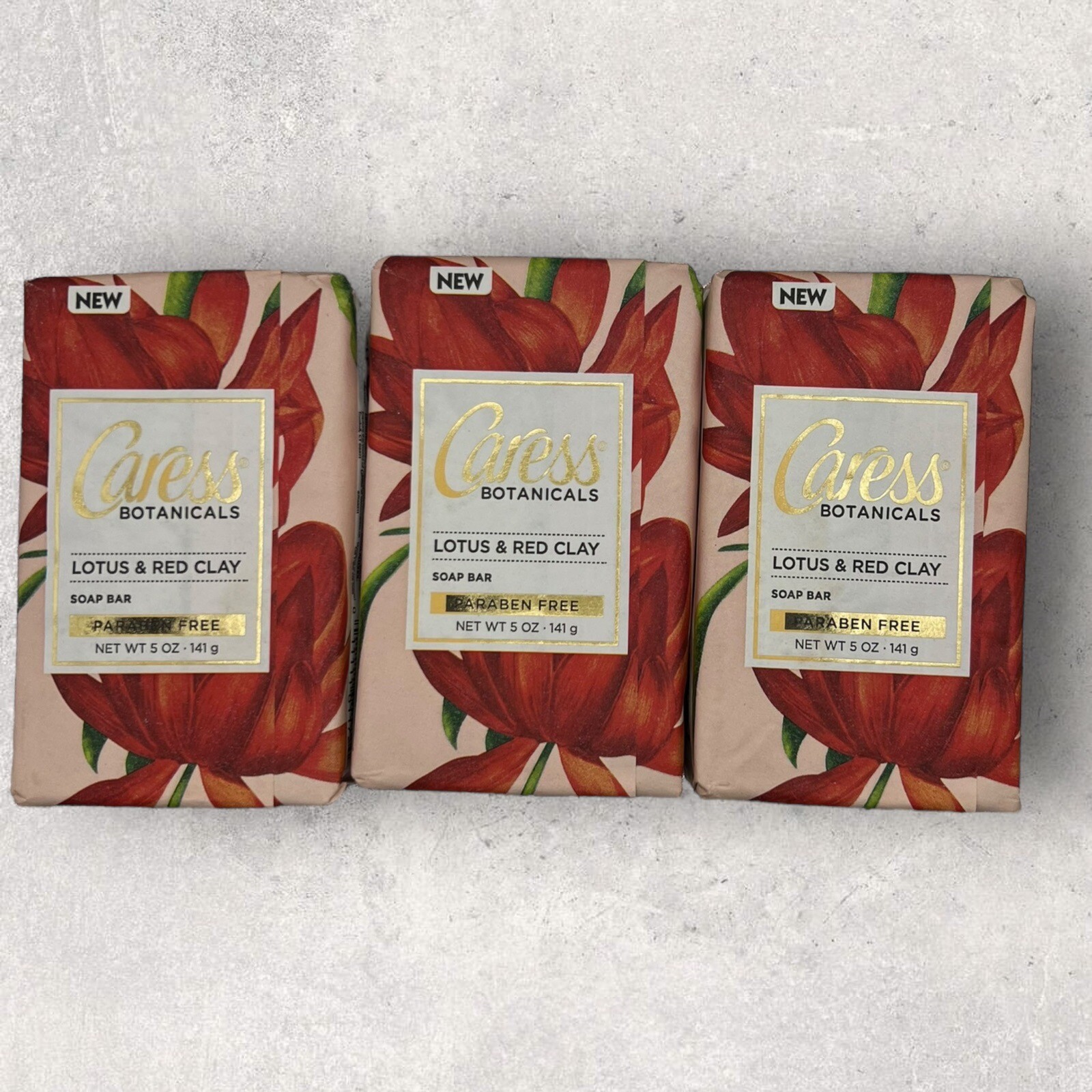3 x Caress Botanicals Lotus & Red Clay Bar Soap 5 oz New