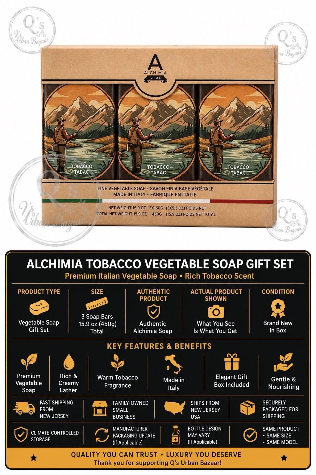 Alchimia Tobacco Vegetable Soap Gift Set 3 Bars Made in Italy 15.9 oz Luxury Set