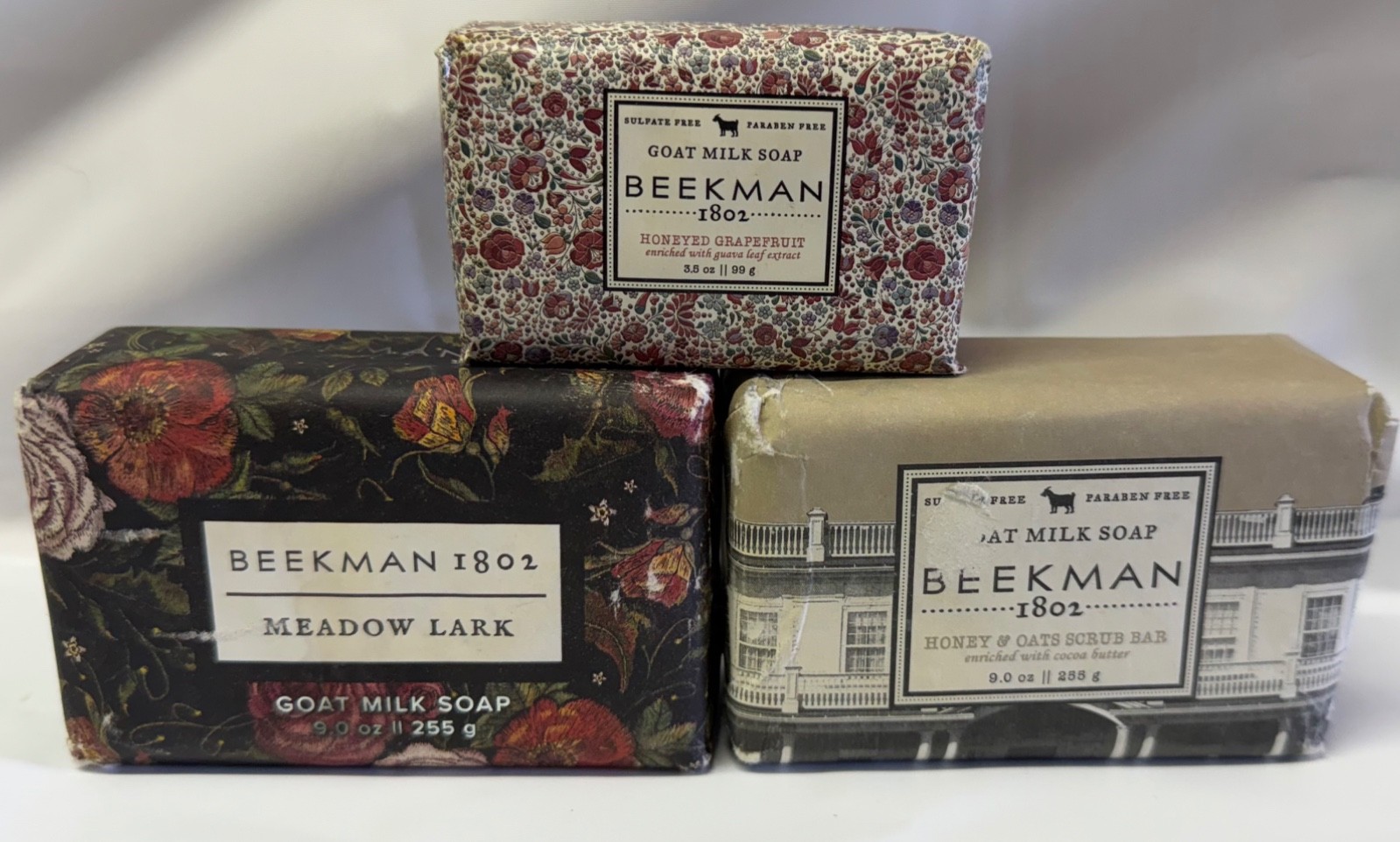 3 Assorted BEEKMAN Bar Soaps Honeyed Grapefruit Honey Oats Meadow Lark