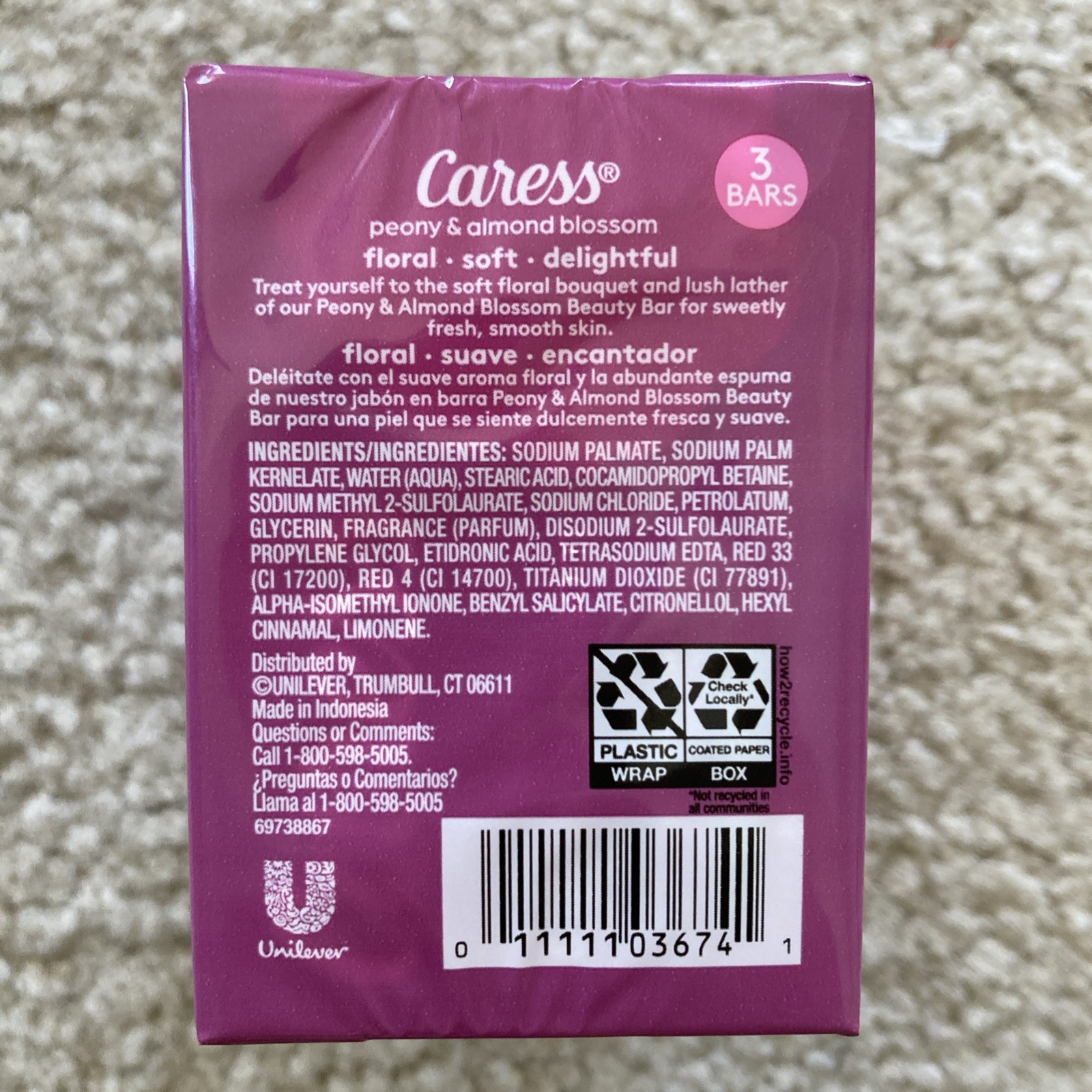 Caress Peony & Almond Blossom Moisturizing Beauty Bars 3 Pack 3.15 oz