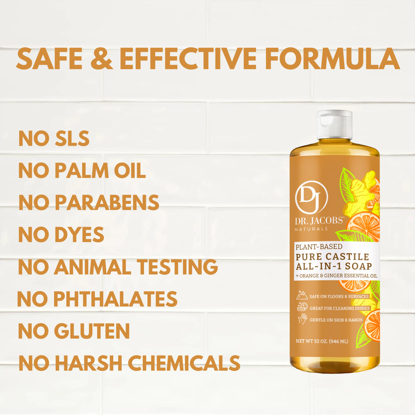 Dr Jacobs Naturals 32oz Orange Ginger Pure Castile Plant Based All-in-One Soap