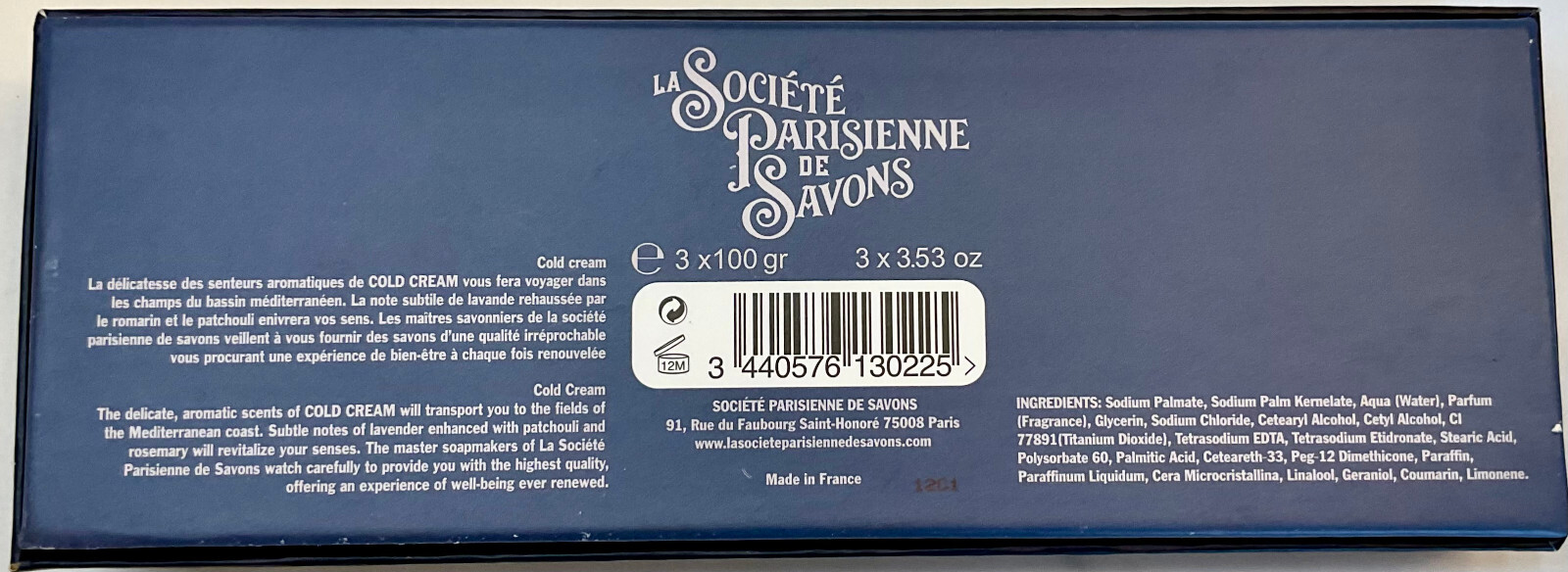 La Societe Parisienne de Savons COLD CREAM Boxed French Soap | 3 x 3.4 oz