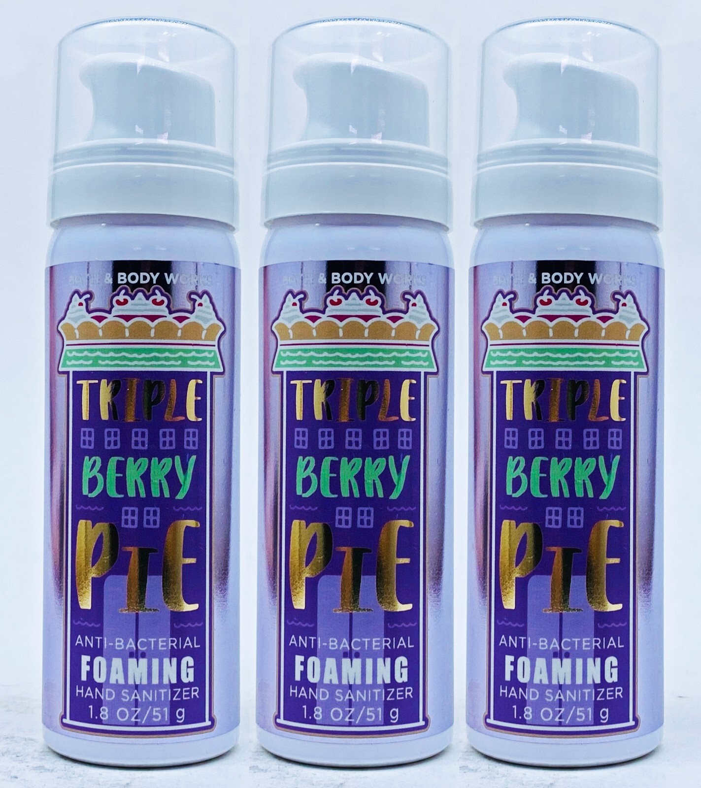 3 Bath Body Works TRIPLE BERRY PIE Antibac Foaming Mousse Hand Sanitizer 1.8 oz