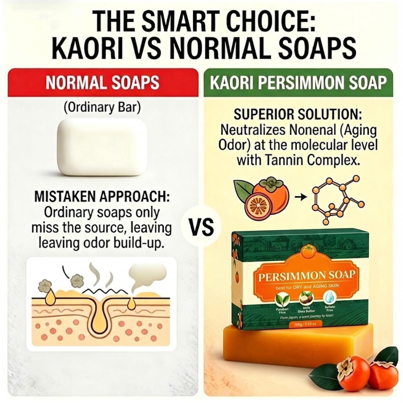 Persimmon Kaori Soap Green Tea Extract For Dry Aging Skin Unisex 1pc