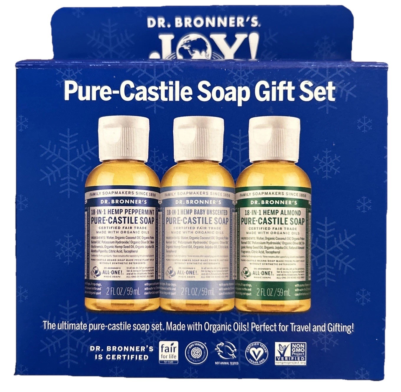 New! Dr. Bronner’s Pure-Castile Soap Gift Set Three Soaps 2oz Each Gift Set