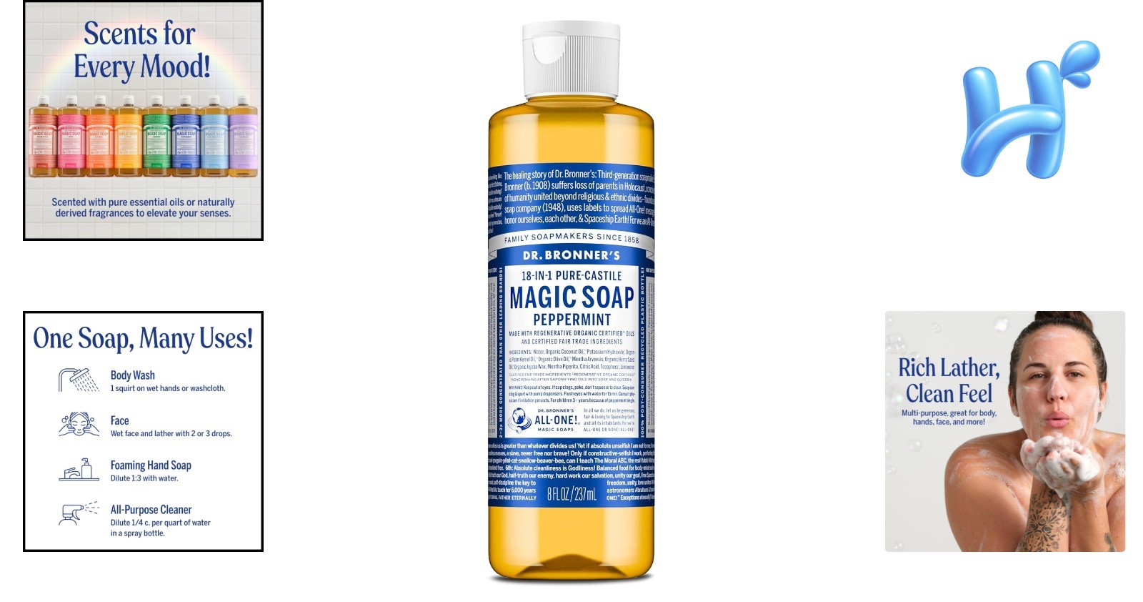 Peppermint Pure-Castile Liquid Soap 8oz, 18-in-1 Uses, Non-GMO, Concentrated