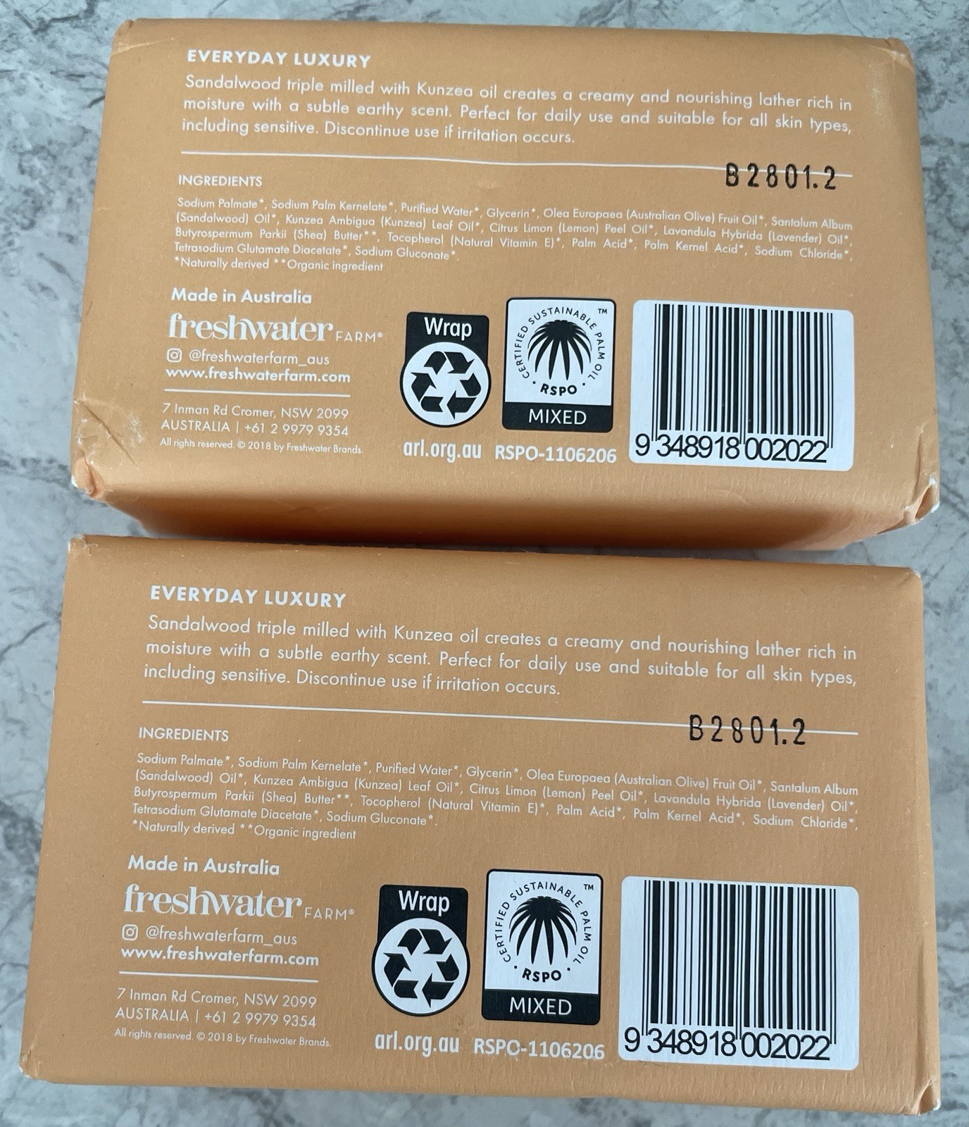 2 Freshwater Farm Australia sandalwood + kunzea oil Milled Castile Soap Bar 7 Oz