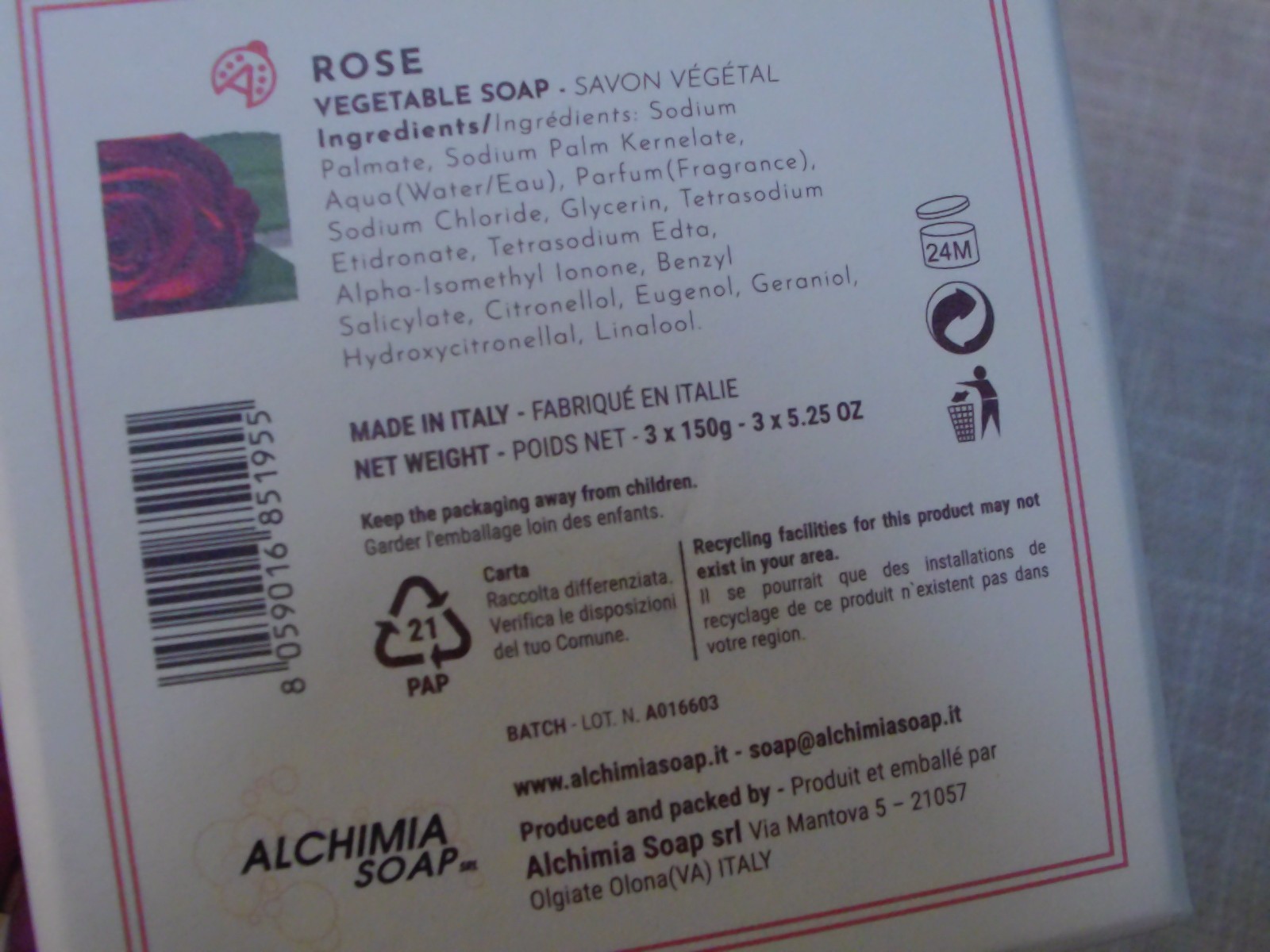 ROSE SOAP- SET OF 3 – ALCHIMIA FINE VEGETABLE SOAP MADE IN ITALY NIB – HEALTH