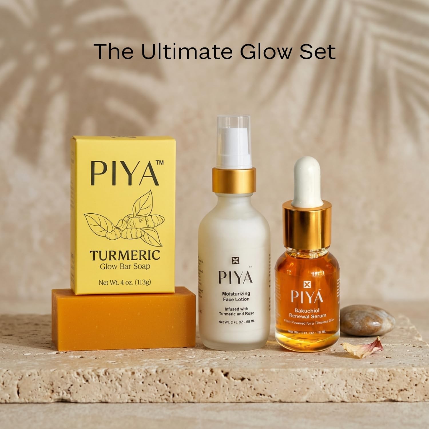 Piya Turmeric Soap Bar, Face lotion and Bakuchiol Serum (3 Pack) with small s…