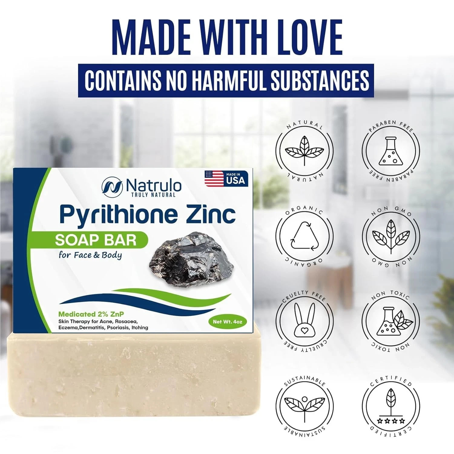 Pyrithione Zinc Soap Bar for Face & Body, 4oz | Medicated 2% ZnP Bar Soap Skin T