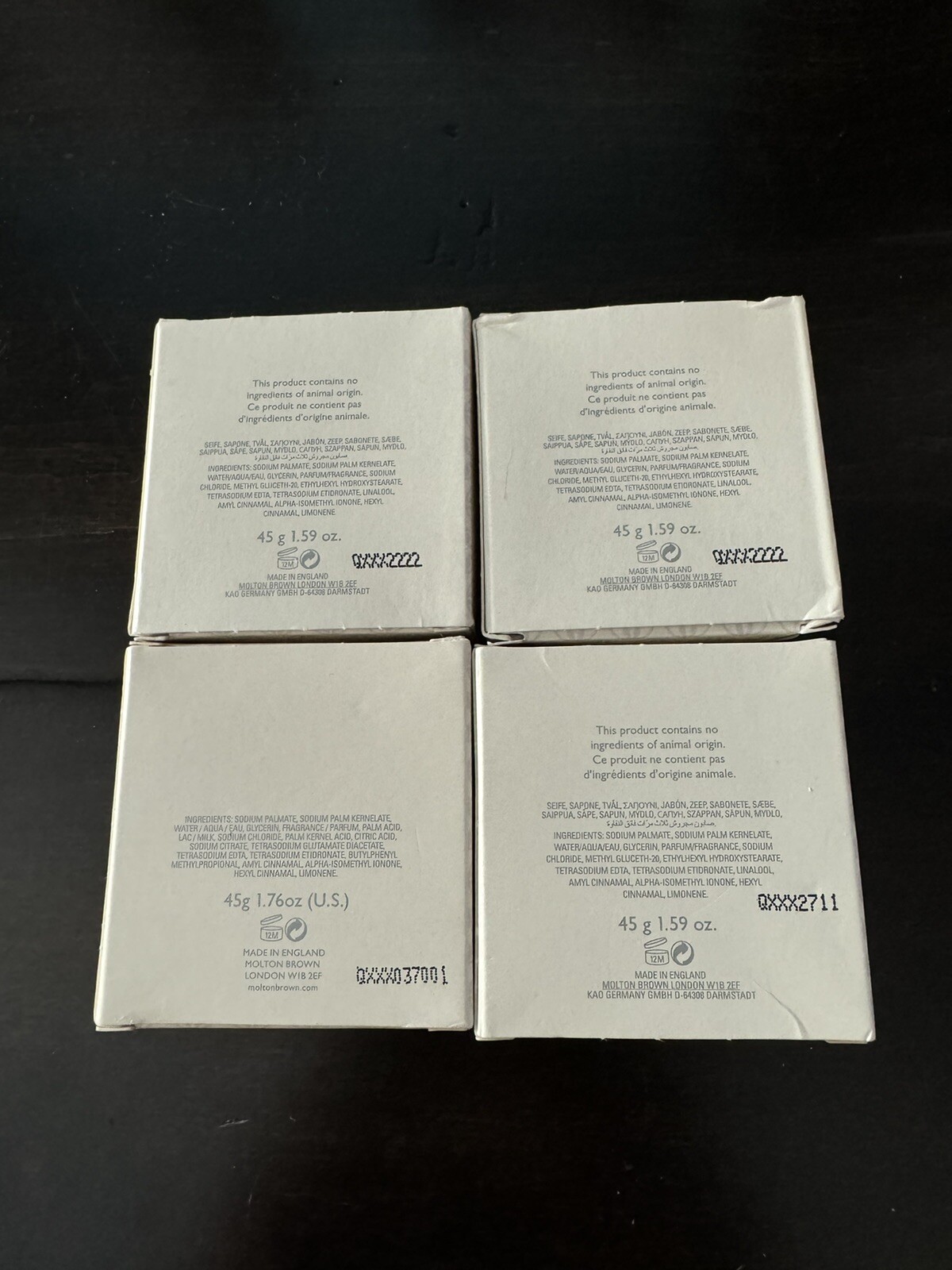 Set of 4 – NWB MOLTON BROWN Ultra Pure +Triple Milled Boxed Soap 45g Travel Size