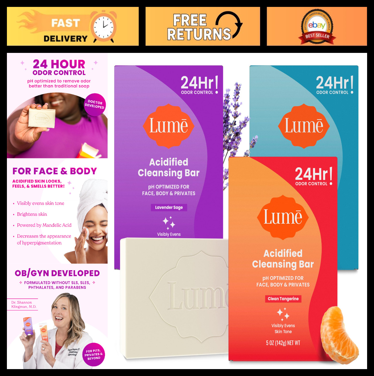 Acidified Body Cleansing Bar – 24 Hour Odor Control, Moisturizing, 3 Pack – SLS