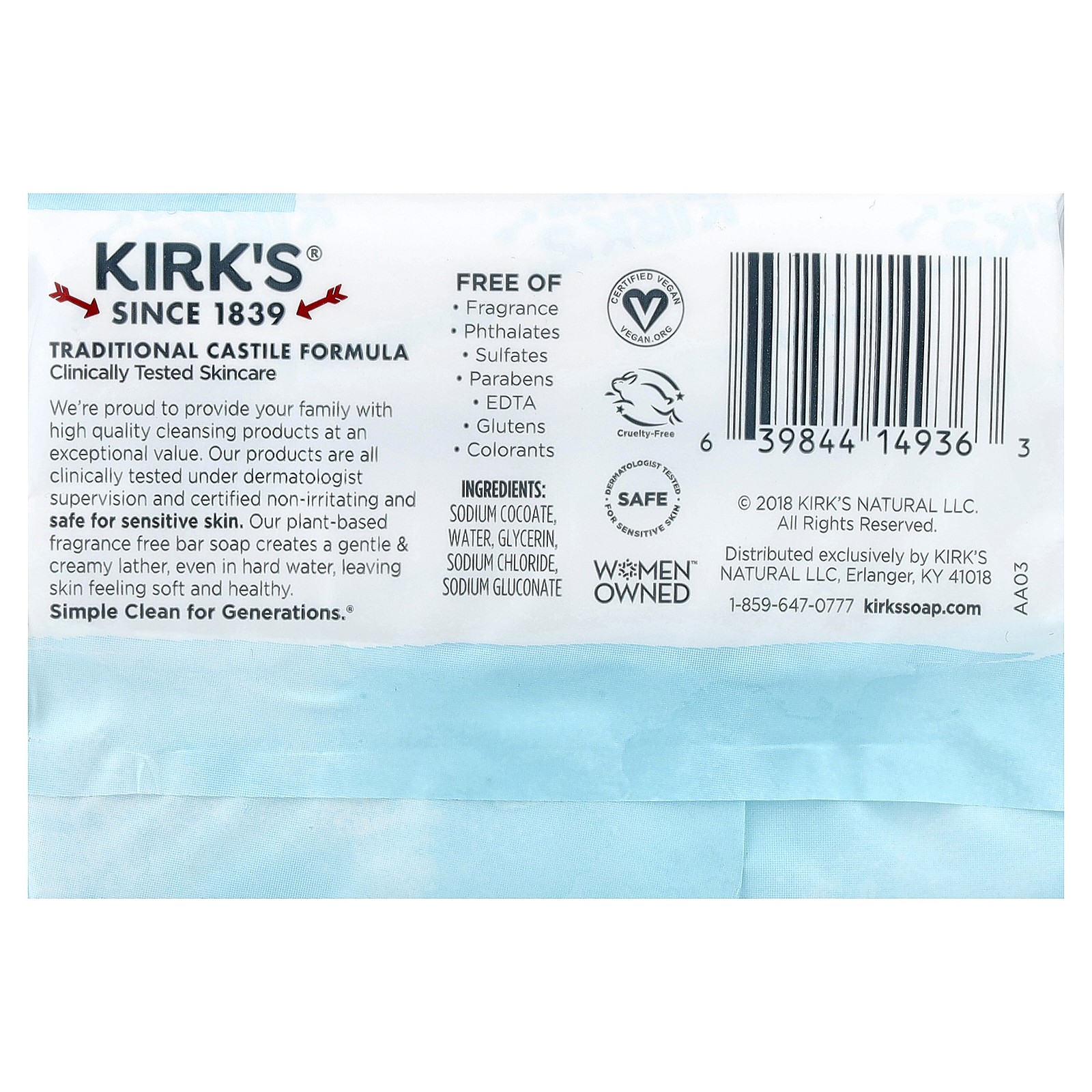 Kirk’s 100% Premium Coconut Oil Gentle Castile Soap Fragrance Free, 3 Bars 4 oz