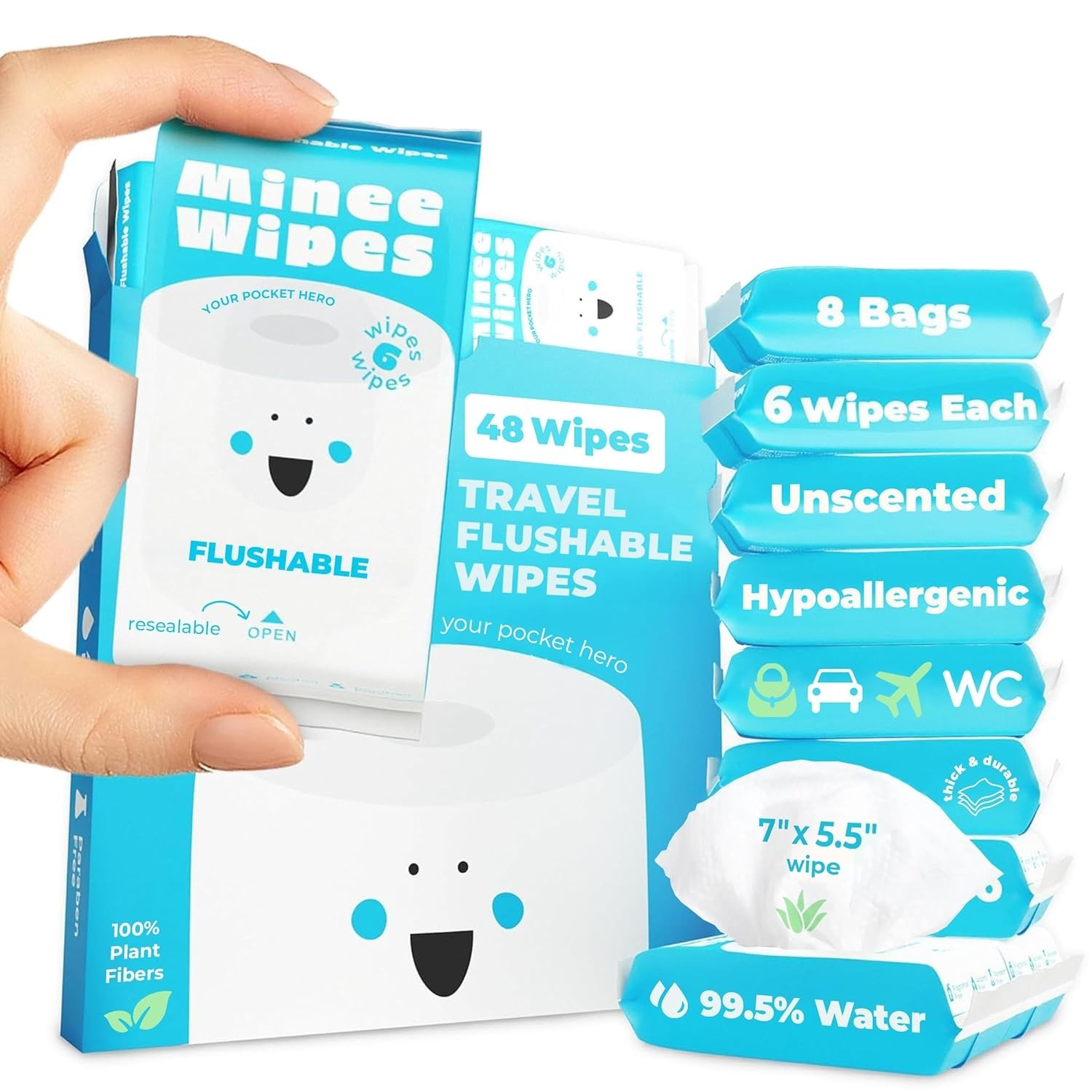 Plant-Based Flushable Wipes – Gentle on Sensitive Skin, 8 Packs of 6 Wipes