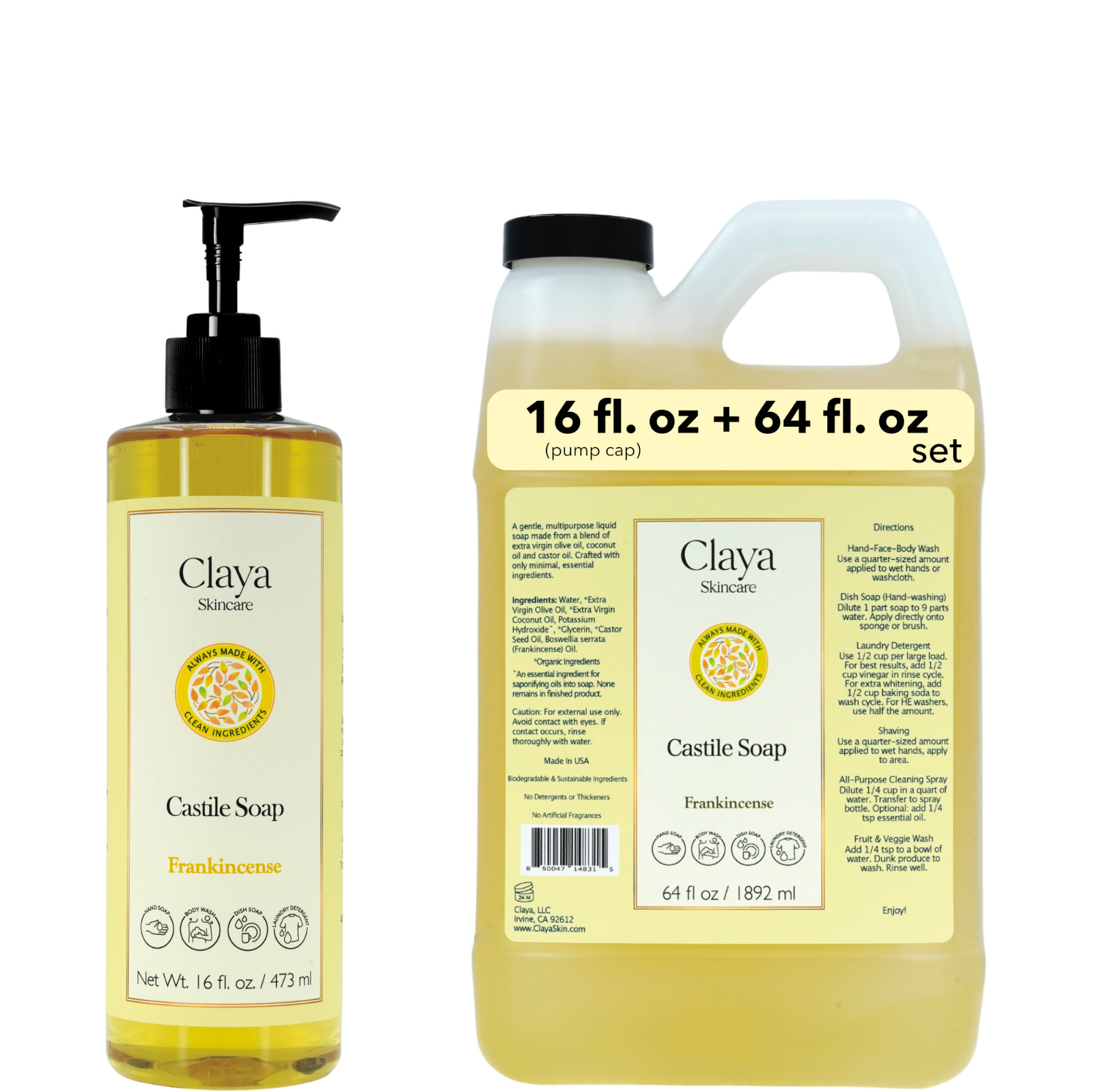 Frankincense Liquid Castile Soap Set – Organic Ingredients, Gentle for skin