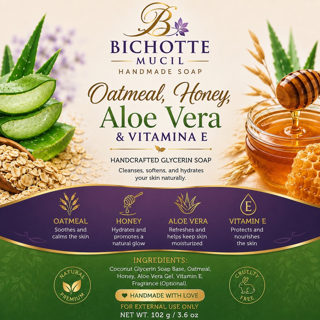 Bichotte Mucil Handmade Glycerin Soap Oatmeal Honey Aloe Vitamin E 3.6 oz