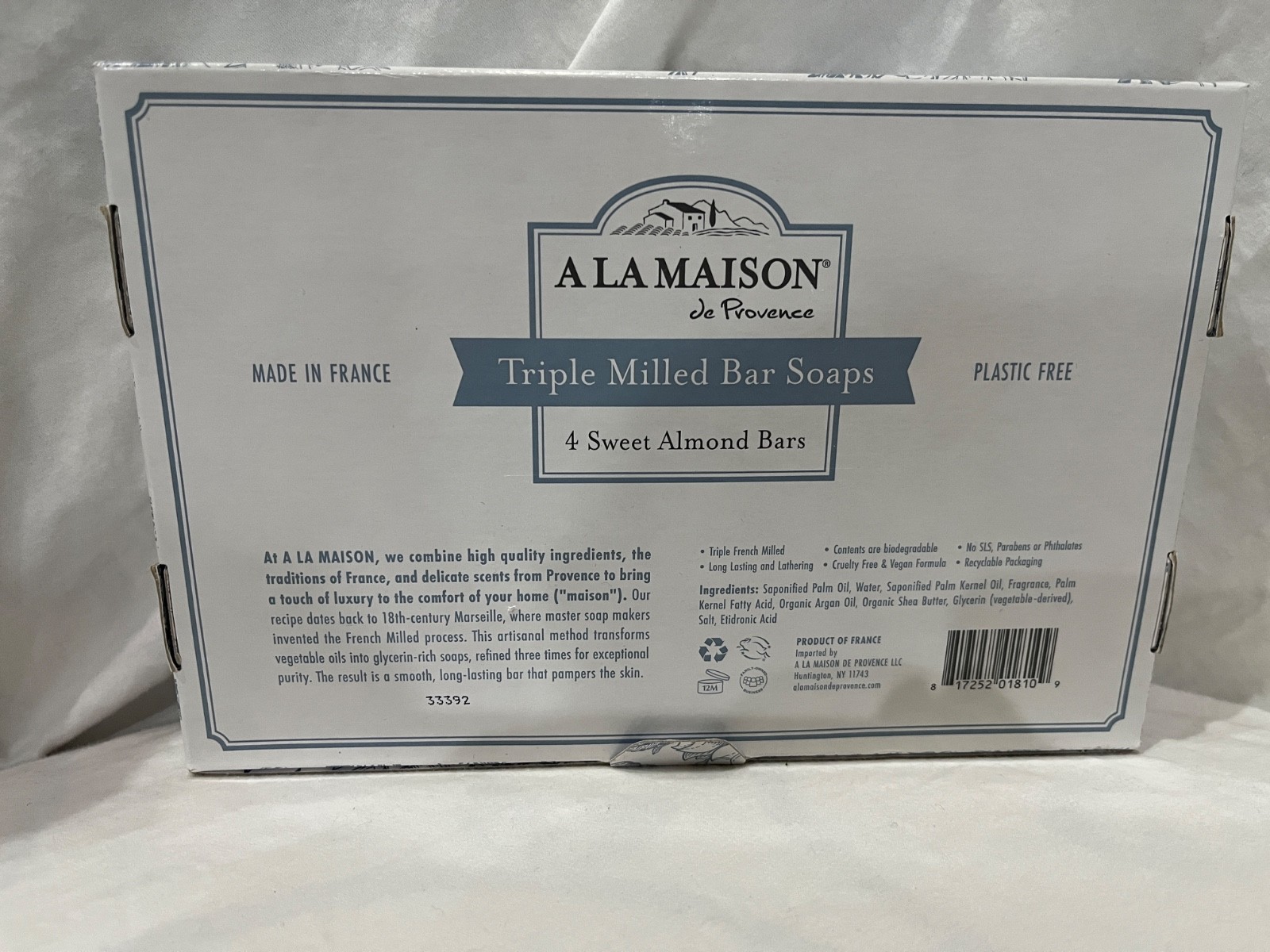 A La Maison de Provence Triple Milled Bar Soap Sweet Almond 4 Bars of 7 oz New