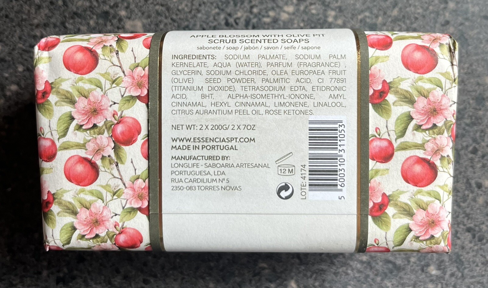 Essencias de Portugal APPLE BLOSSOM Scented Soaps w/ Olive Pit Scrub Set 2x 7 oz