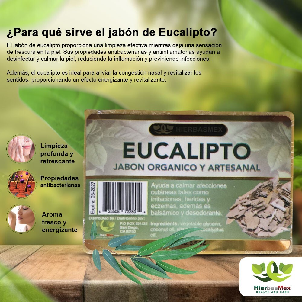 Jabon de Eucalipto Artesanal Set 3 Jabones 100g. Eucalyptus Soap Bar HierbasMex