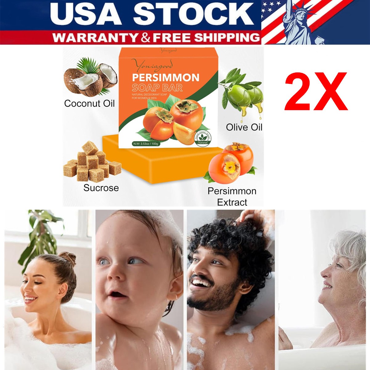 2PCS Natural Persimmon Body Soap Lasting Fragrance for All Skin Anti-Sweat Odor
