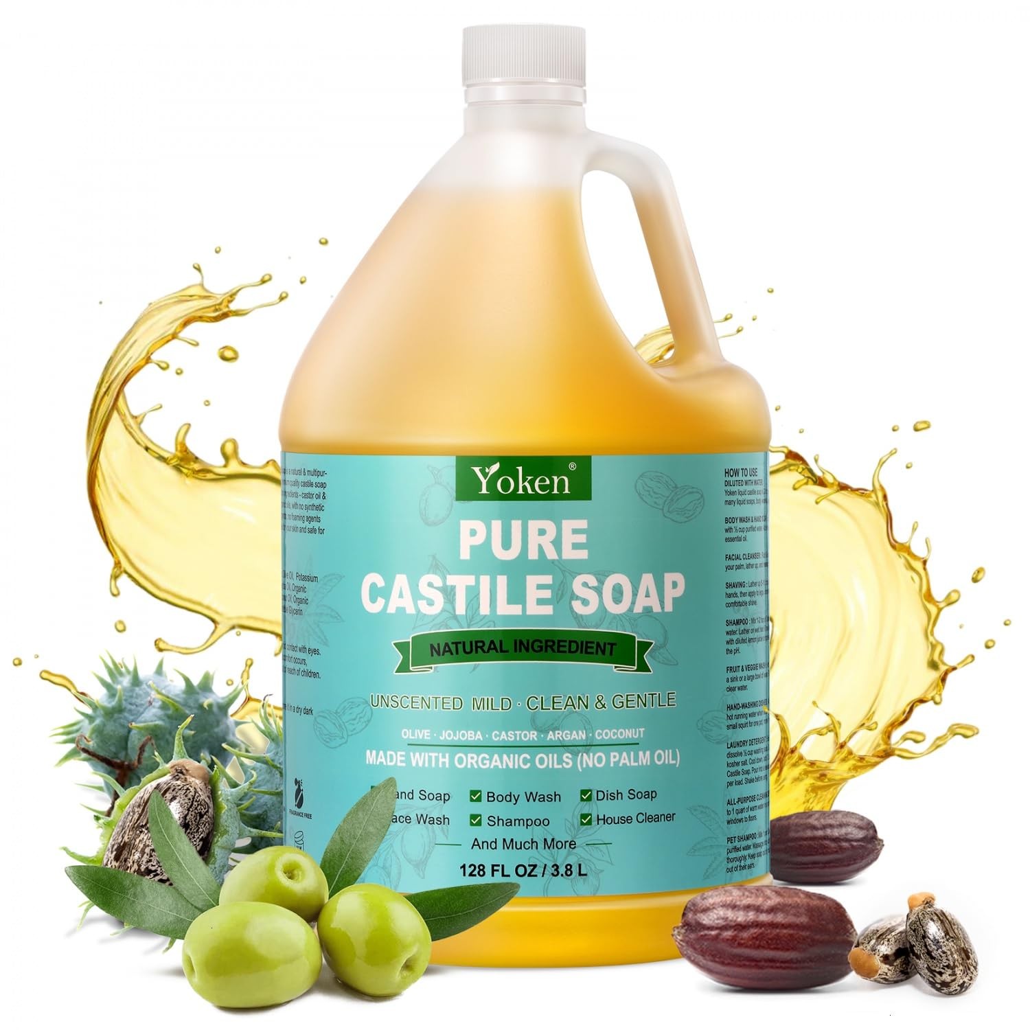 Yoken Castile Soap Liquid 1 Gallon Unscented EWG Verified Vegan Multi-Use