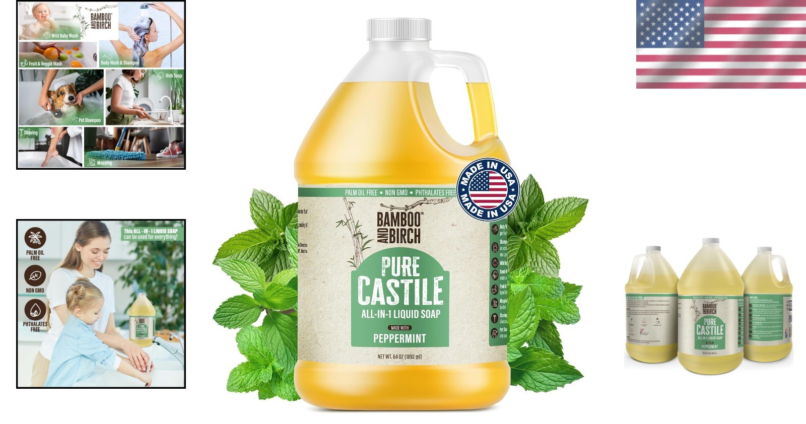 Palm Oil Free Peppermint Pure Castile Liquid Soap – 64 oz for Luxurious Cleaning