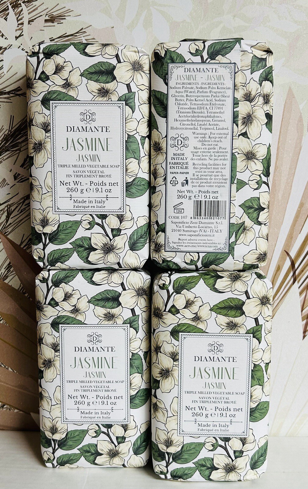 4-Pack Saponificio ~ Diamante Jasmine Triple Milled Vegetable Soap Bar 9.1 oz Ea