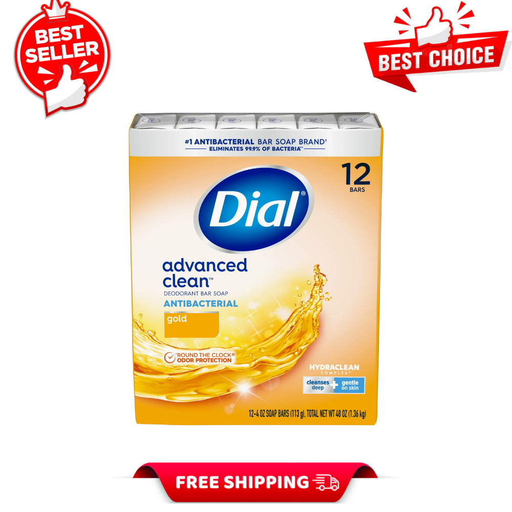 12 Bars Dial Antibacterial Deodorant Bar Soap, Advanced Clean, Gold, 4 oz, NEW