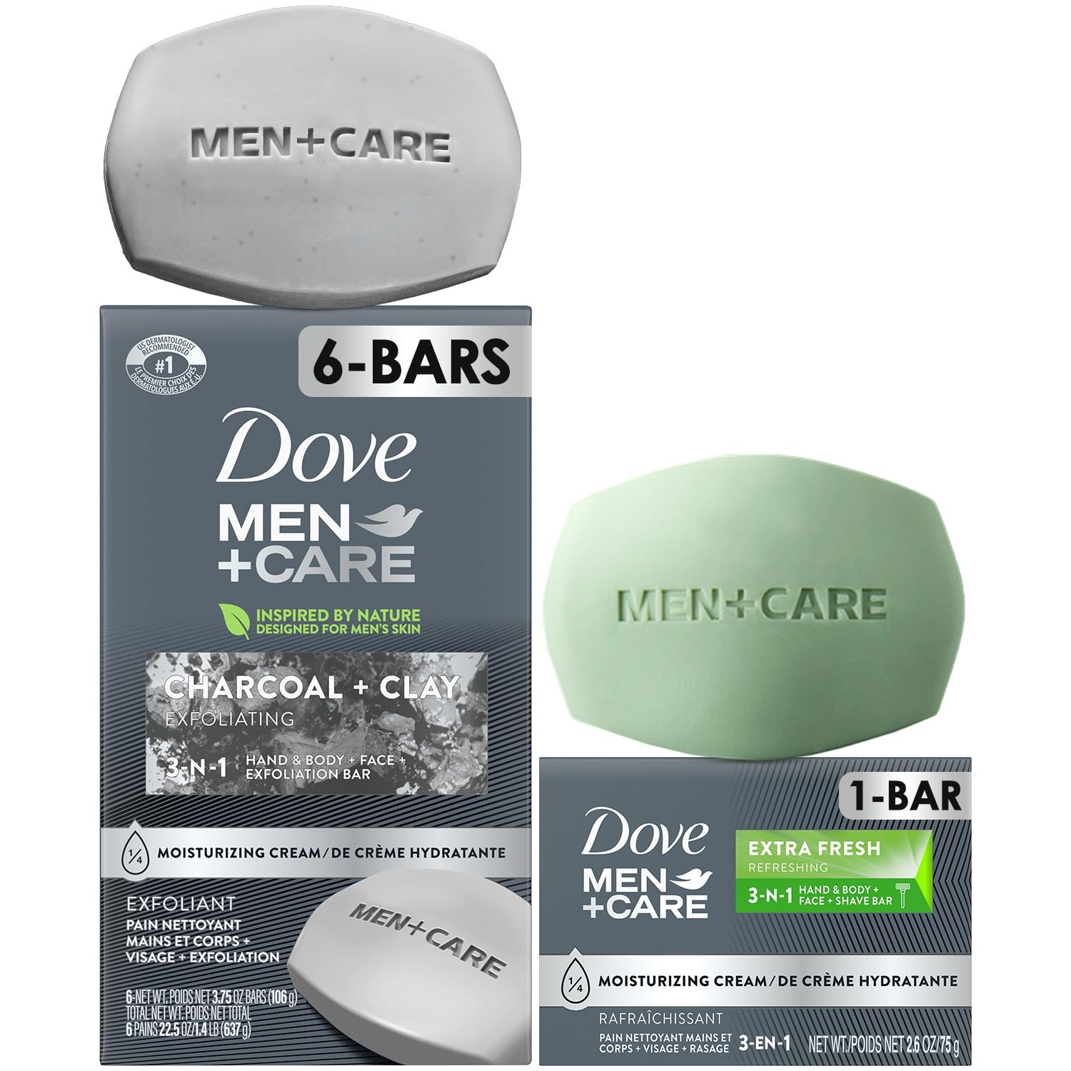 Men’s Body Face Bar 6 Count + Travel Exfoliating Charcoal Clay 3in1 Soap