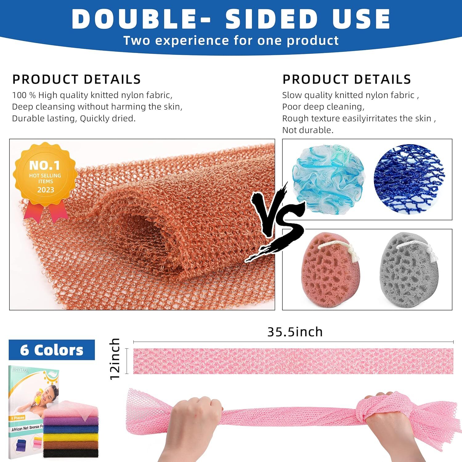BHYTAKI 6 Pieces African Net Sponge A-6, Black+blue+brown+pink+yellow+purple