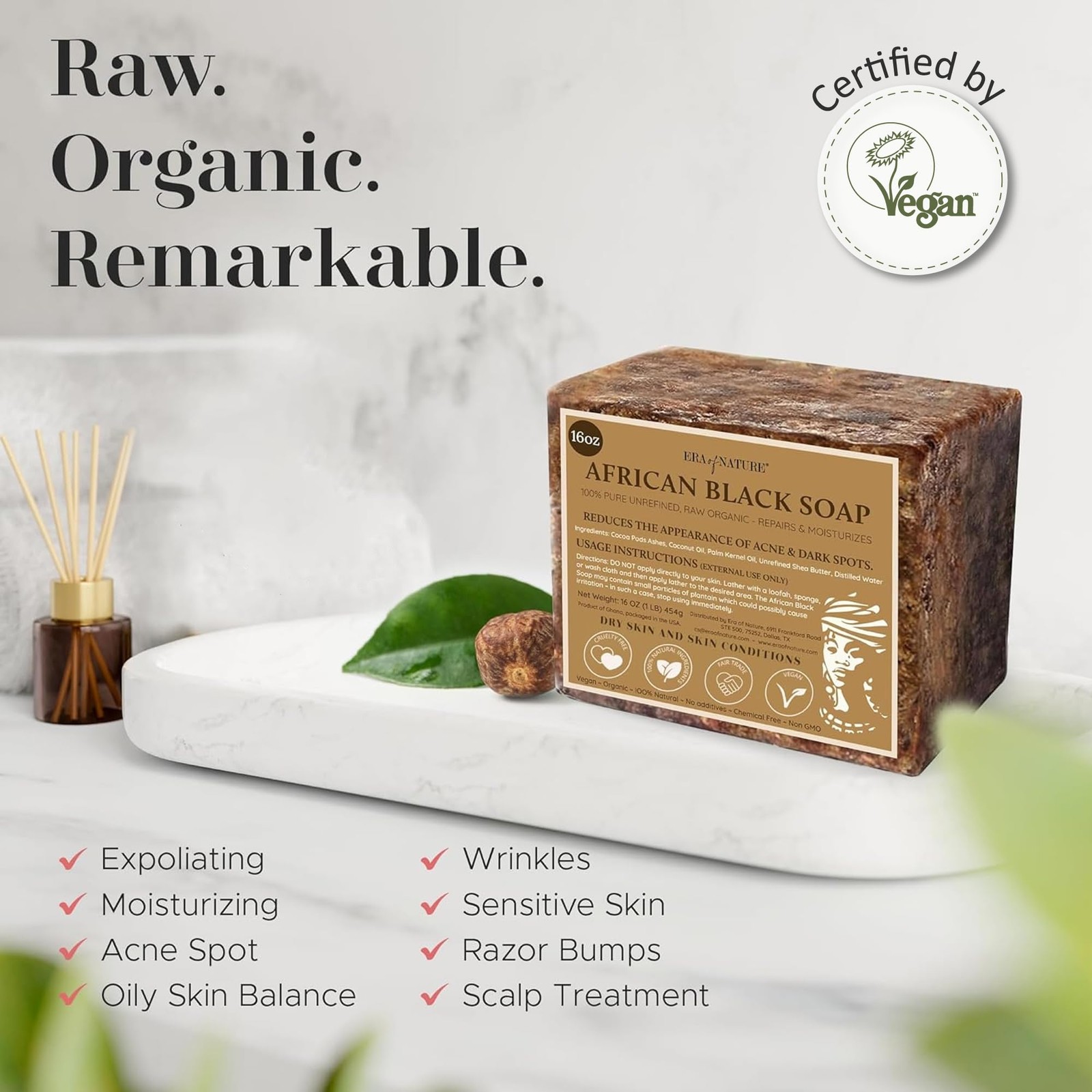 era of nature Best Raw ORGANIC AFRICAN BLACK SOAP, for 8 Ounce (Pack 1)