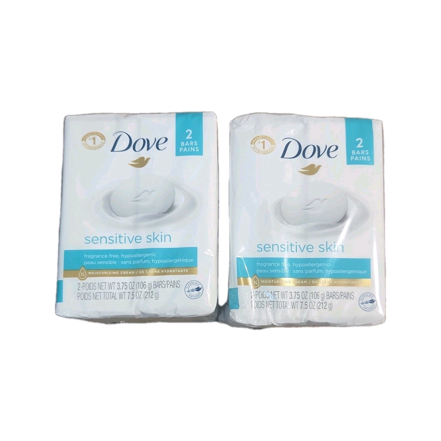 Dove Sensitive Skin Fragrance Free Hypoallergenic Body Bar Soap 2-Pack 7.5 oz