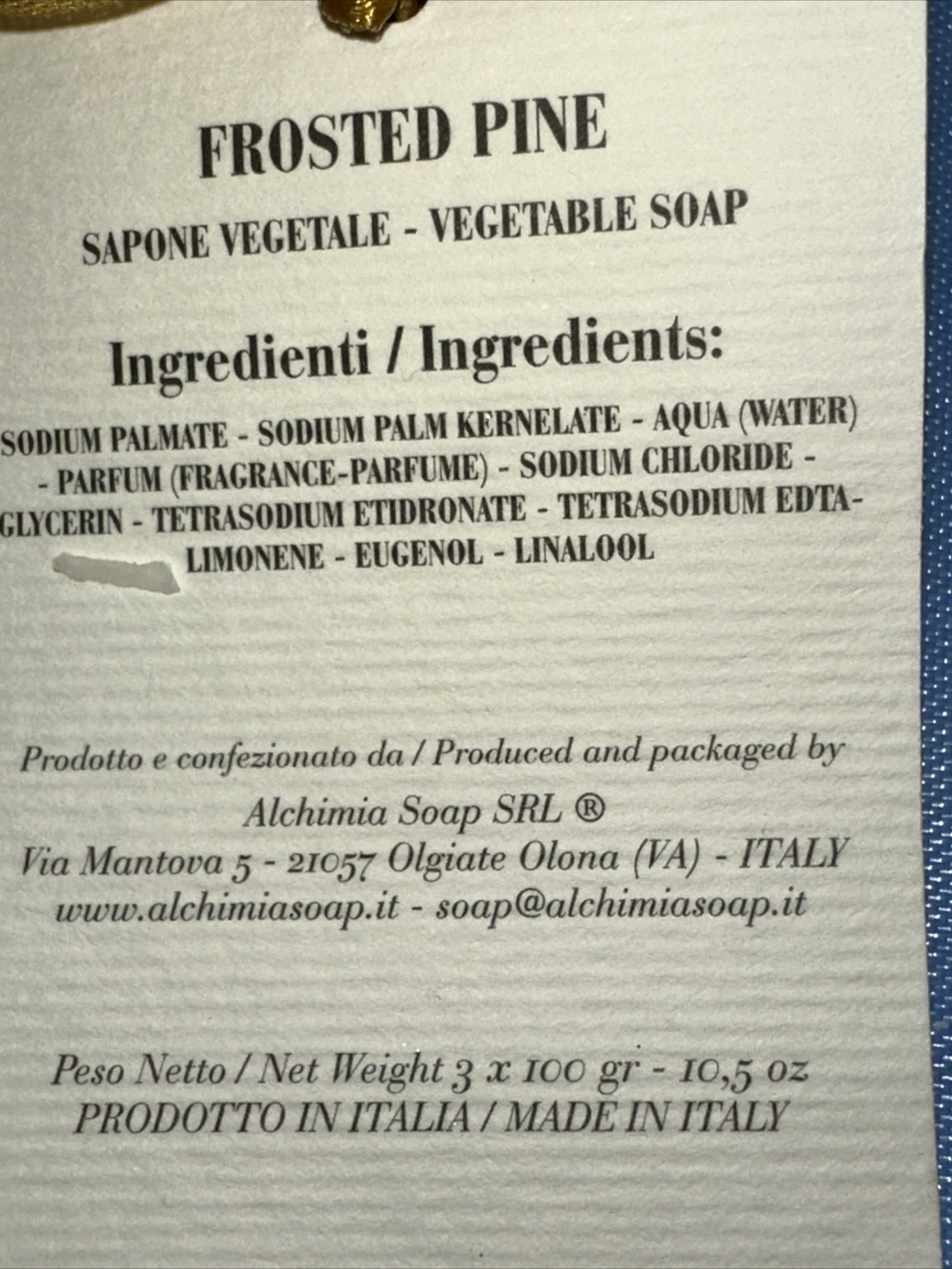 FROSTED PINE VEGETABLE SOAP GIFT SET 🎅🎁 3 x 100g by ALCHIMIA SOAP 🇮🇹