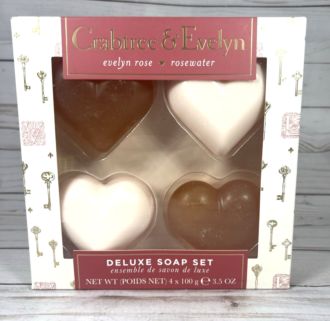 Crabtree & Evelyn Rose Rosewater Heart Shaped Deluxe Soap Set 4 Pink Red Bars