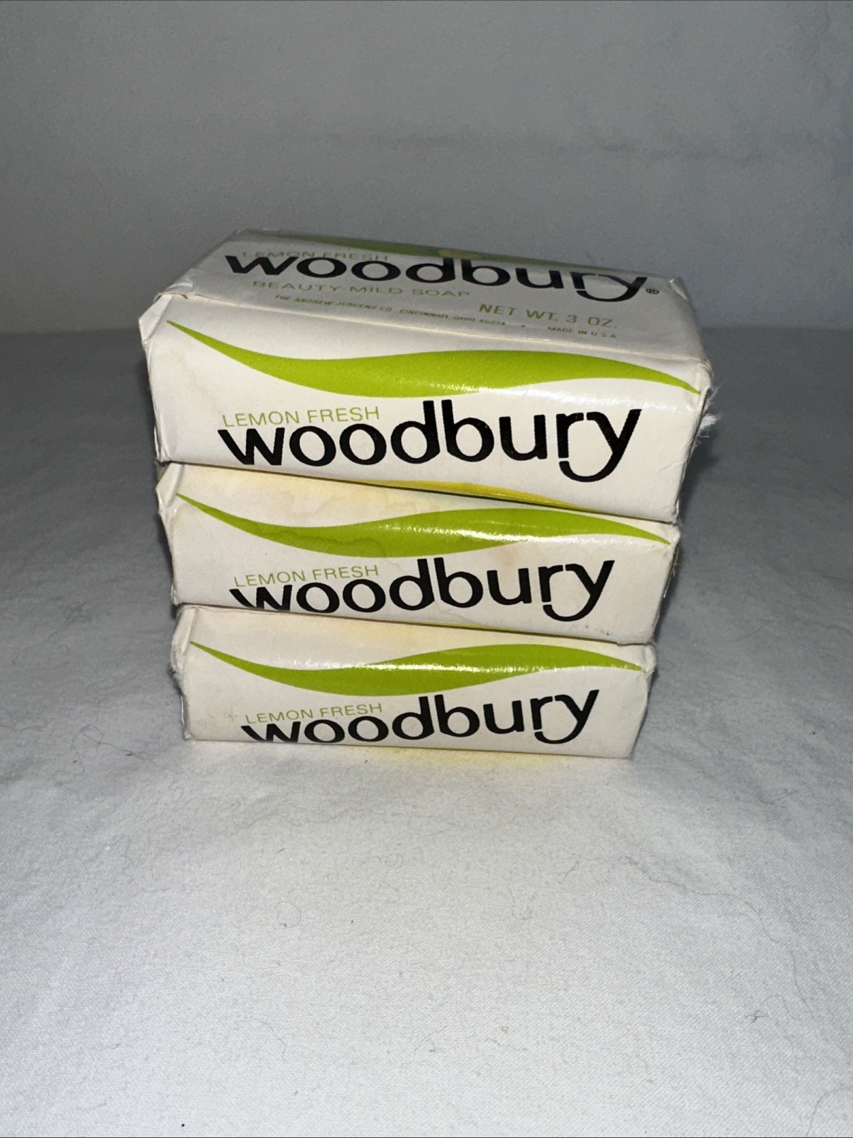NOS 3 Bars Woodbury Beauty Soap Lemon Green White 3 oz Jergens 1960s Movie Prop