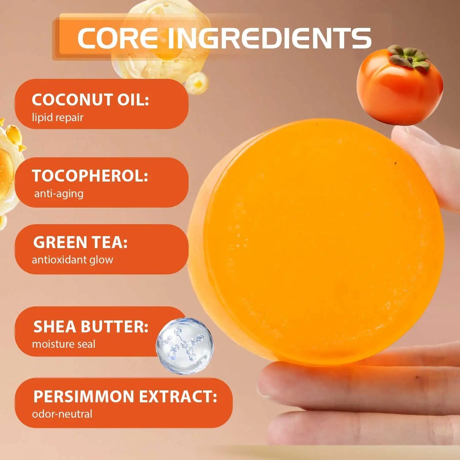 Persimmon Body Odor Soap Bar Green Tea Extract Deodorizing Cleanser 100g Unisex