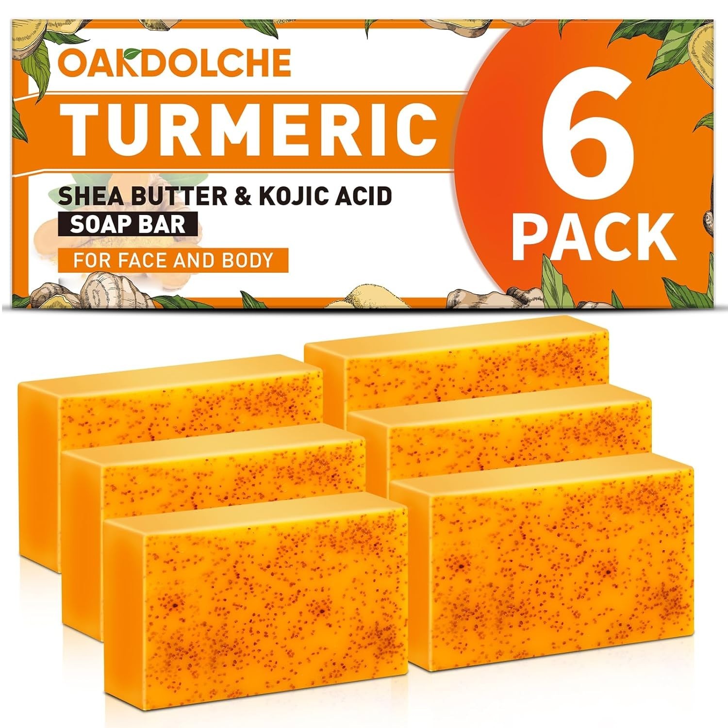 6-Pack Turmeric Kojic Acid Soap Bars 60g Retinol Collagen Vitamin E Shea Butter