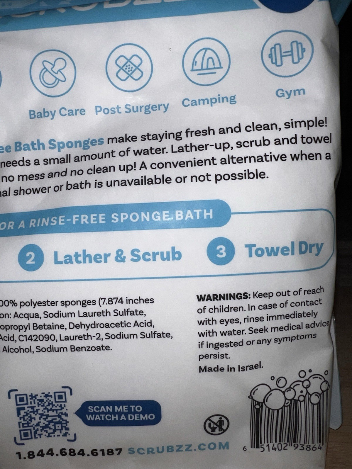 SCRUBZZ DISPOSABLE RINSE FREE TOTAL BODY BATH SPONGES 25 PACK – UNOPENED