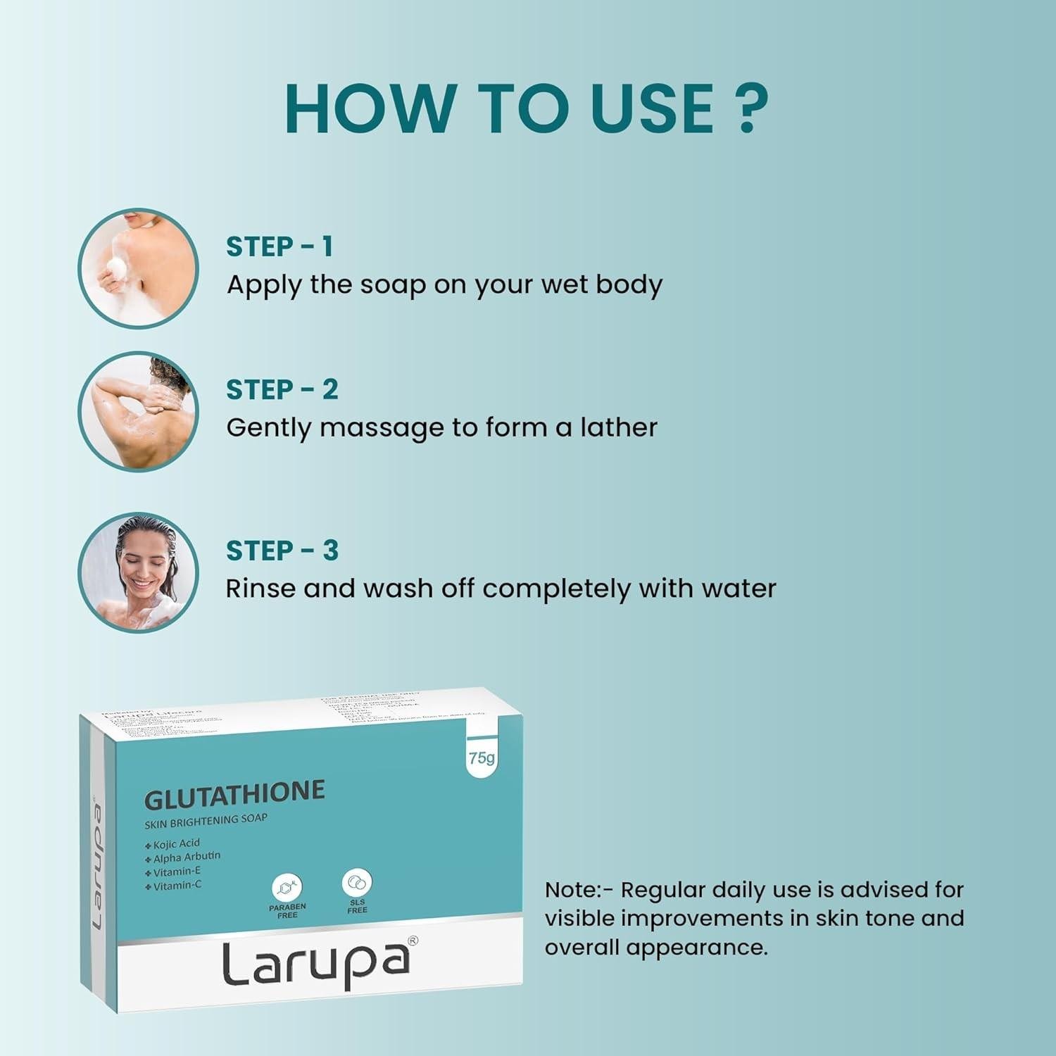 Larupa Soap Glutathione Kojic Vitamins C E Alpha Arbutin Dark Spots 75gm x 3