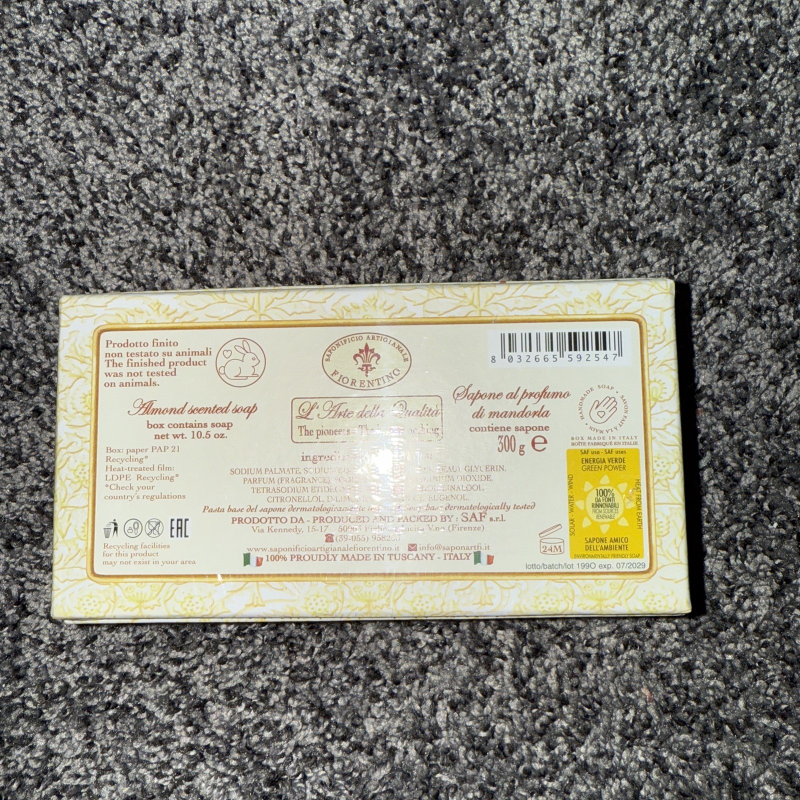 NIB SEALED La Saponeria Firenze Almond Scented Bar Soap 10.5 oz Made in Italy